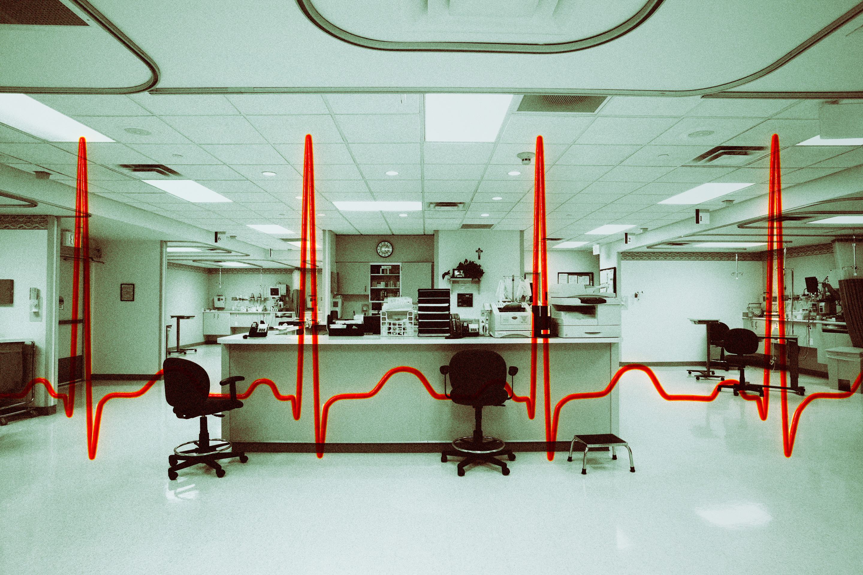 Photo illustration showing the interior of a medical office with lines from an EKG overlaying it